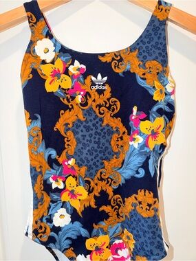 adidas HER Studio London bodysuit Navy Floral Print Yellow & Pink Accents